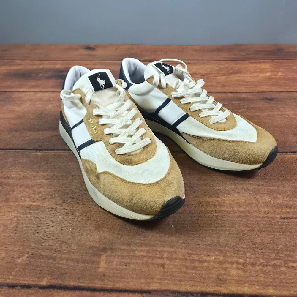 Polo Ralph Lauren Train 85 Sneaker Mens 11 Cream Tan Good Suede Nylon Runner